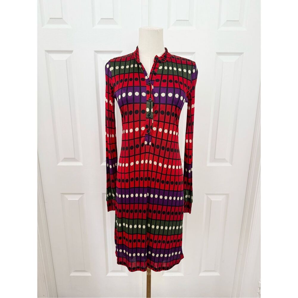 Y2K Custoline Custo Barcelona Red Geometric Print Mock Neck Long Sleeve Dress 2